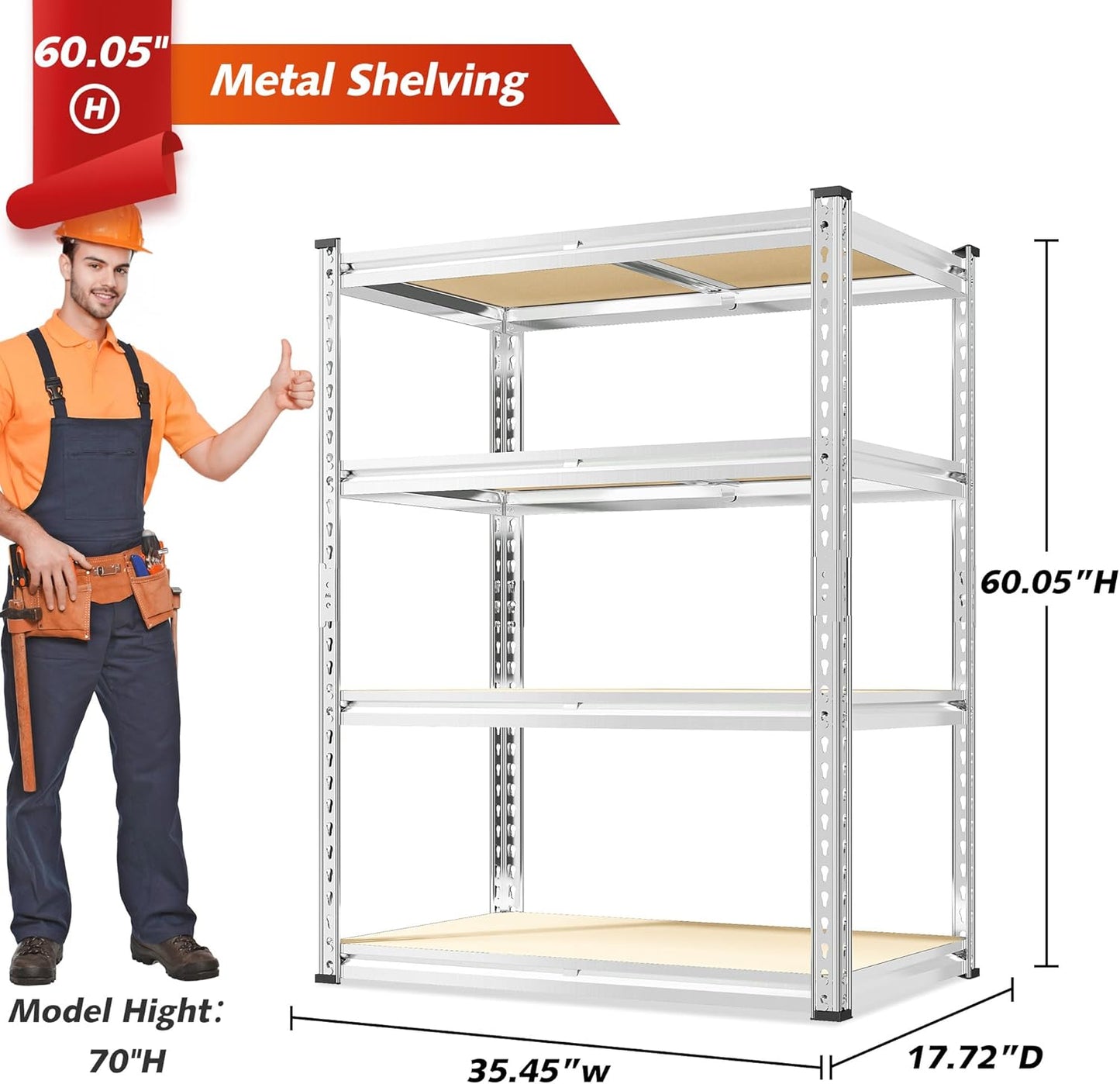 REIBII 60.05" H Storage Shelves 1840LBS Garage Shelving Heavy Duty Shelving 4 Tier Garage Shelves Adjustable Metal Shelf for Kitchen Basement Pantry Warehouse 35.45" W x 17.72" D x 60.05" H