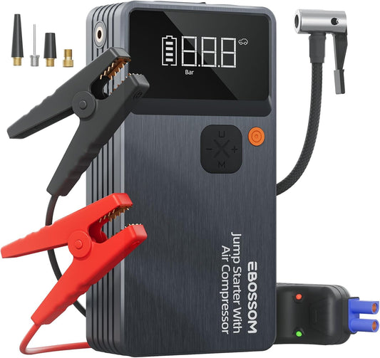 Car Battery Jump Starter with Air Compressor,44.4Wh Battery Jump Box with Tire Inflator,Car Jump Booster with Smart Jumper Cables,LED Light Emergency Car Kits for Vehicles,Arrancador Ae Batería