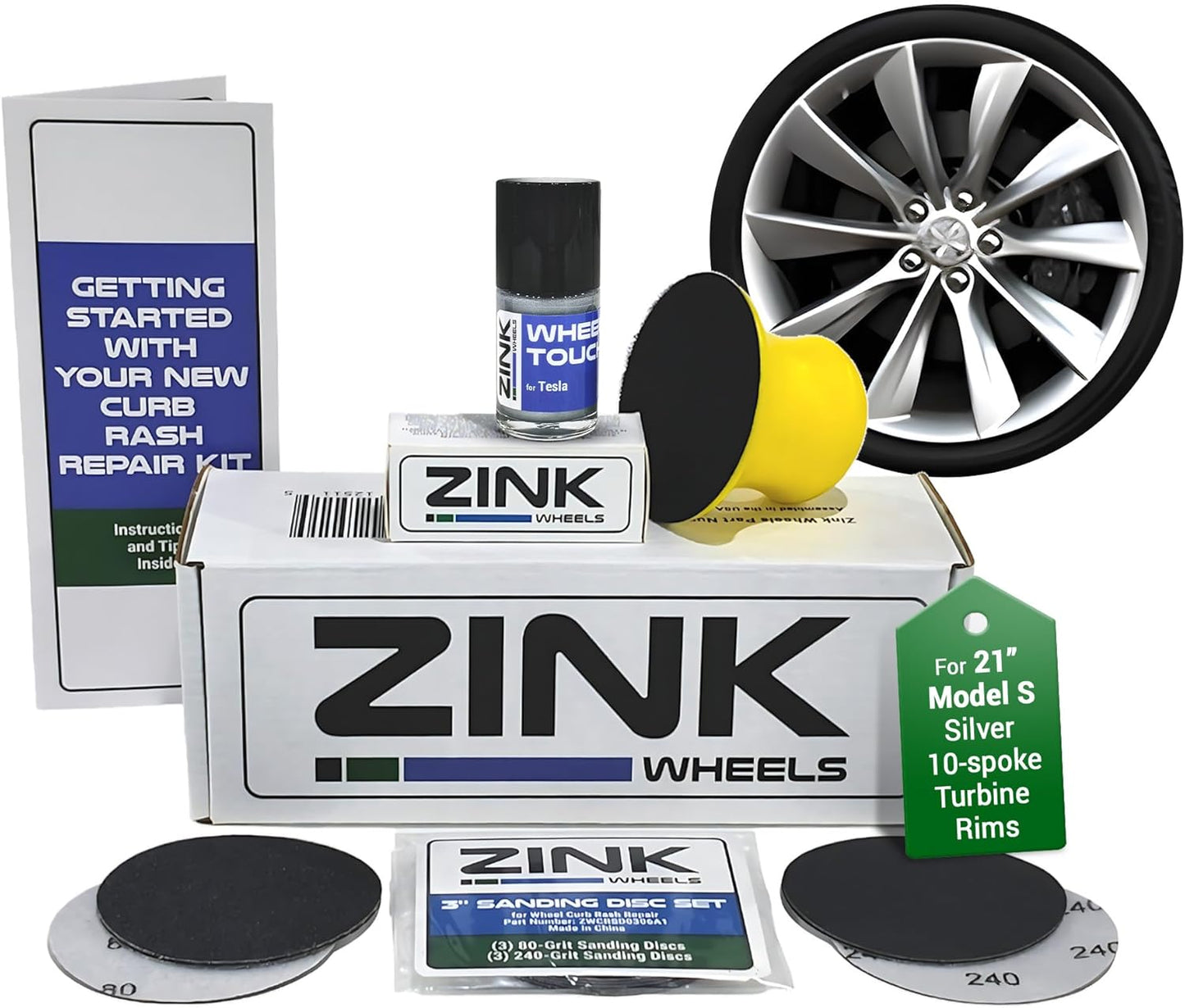 Premium Tesla Wheel Curb Rash Repair Kit for Model S 21-inch Silver Turbine Rims - DIY Kit with Color-matched Touch Up Paint - Made in USA