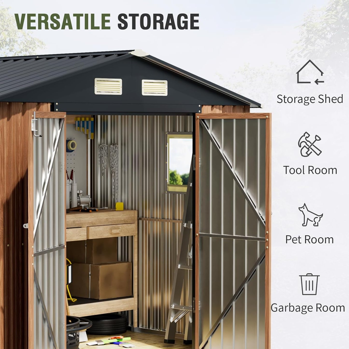 8x6 Ft Storage Shed, Large Outdoor Shed with Floor Base, Window, Lockable Doors, Outside Steel Shed for Garden, Backyard, Lawn, Patio Utility, Tool Storage