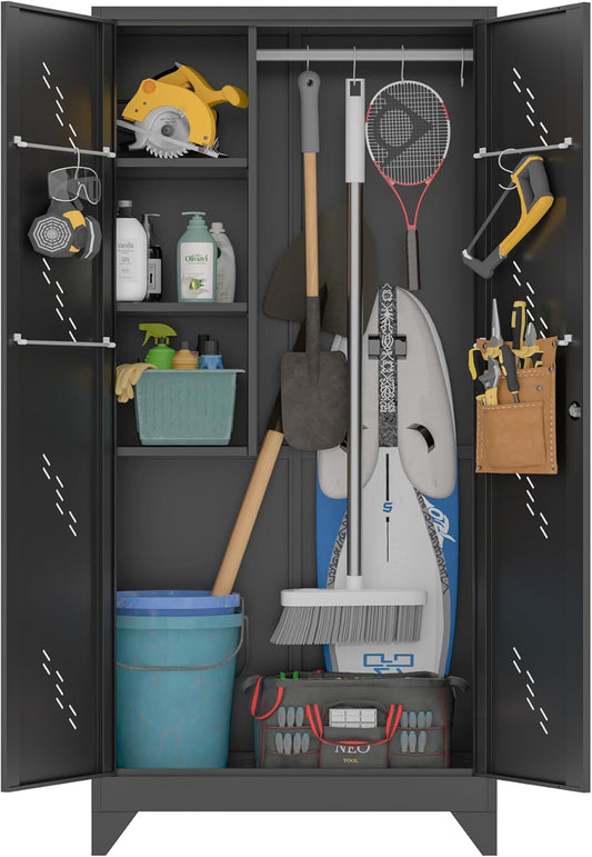75" Metal Storage Cabinet with Lockable Doors, Functional Garage Storage Cabinet, Tool Chset Garage Organization with Hanging Rod & S-Hooks