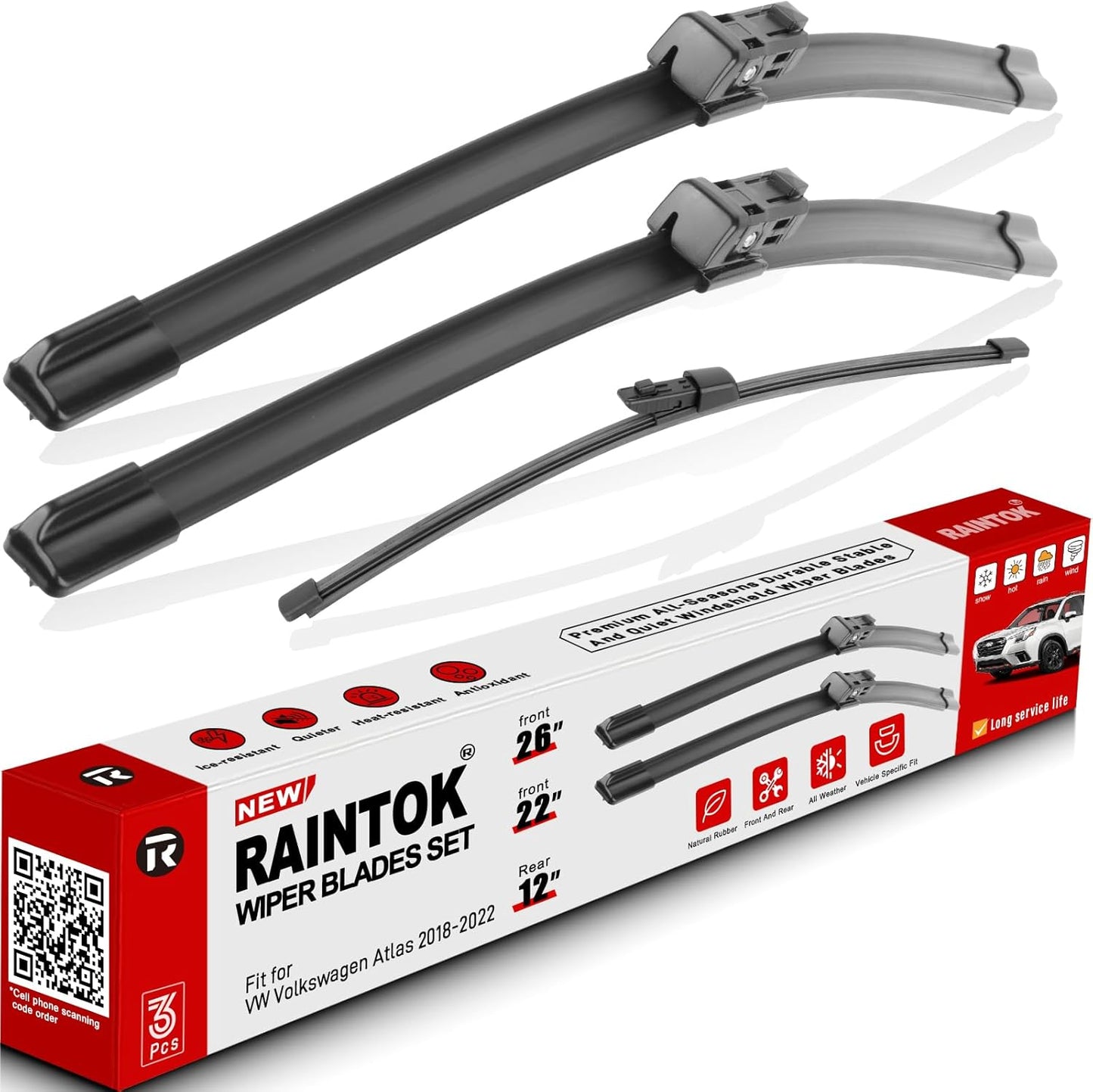 Windshield Wiper Blades Replacement for VW Volkswagen Atlas 2018 2019 2020 2021 2022 Original Factory Quality Front Rear Wipers Blade Set for My Car - 26" 22" 12" (Pack of 3)