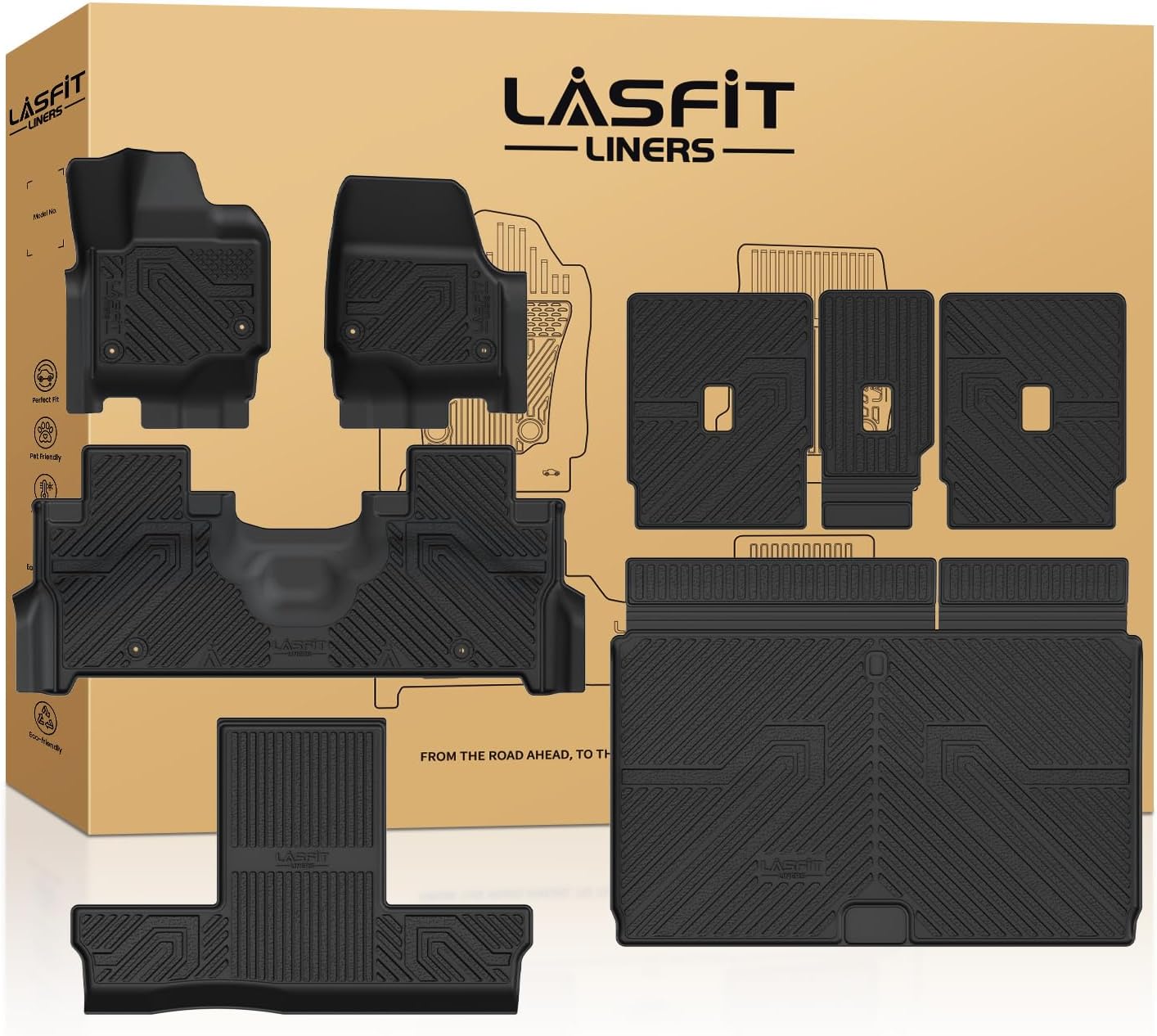 LASFIT Floor Mats & Cargo with Backrest Mat for Ford Expedition Max & Lincoln Navigator L 7 Seats 2025 (Not fit 8 Seats),Costom Fit All Weather Protection TPE Easy Clean Floor Liners,Full Set,Black