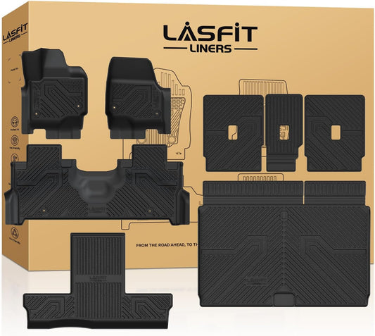 LASFIT Floor Mats & Cargo with Backrest Mat for Ford Expedition Max & Lincoln Navigator L 7 Seats 2025 (Not fit 8 Seats),Costom Fit All Weather Protection TPE Easy Clean Floor Liners,Full Set,Black
