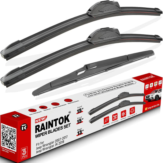 Windshield Wiper Blades Replacement for 2007-2017 Jeep Wrangler 2008-2018 Wrangler JK Original Factory Quality Front Rear Wipers Blade Set for My Car - 15" 15" 13" (Pack of 3)