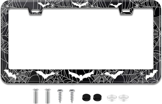 License Plate Frame for Bats and Spider Webs Stainless Steel License Plate Frames Holder Covers Rust-Proof Auto Parts Decoration with Screws License Plate Holder for Car Accessories 12x6 Inch