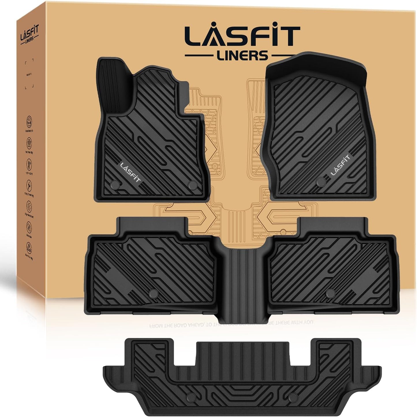 LASFIT Floor Mats for Ford Explorer 2020-2025 6 Passenger TPE All Weather Protector Anti-Slip Floor Liners, 2025 2024 2023 2022 2021 2020 Explorer 6 Seats Accessories, 1st 2nd & 3rd Row, 4pcs Black