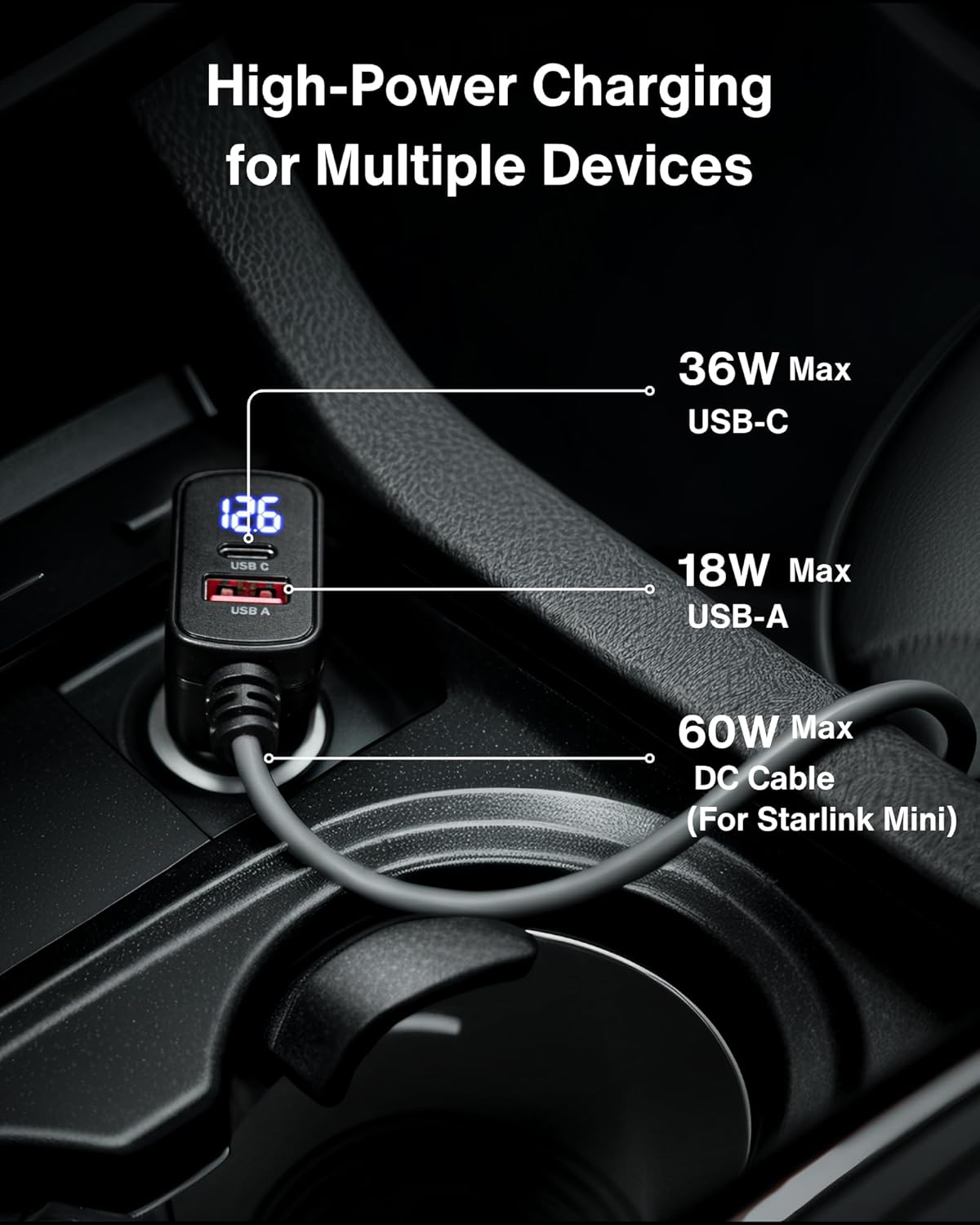 Car Charger Cable for Starlink Mini 6.5FT with Display - 12-24V Cigarette Lighter to DC Power Cable, 60W DC + 33W Dual USB-C/USB-A Adapter for Trucks, RVs & Boats, 18AWG Cord with Voltage Monitoring