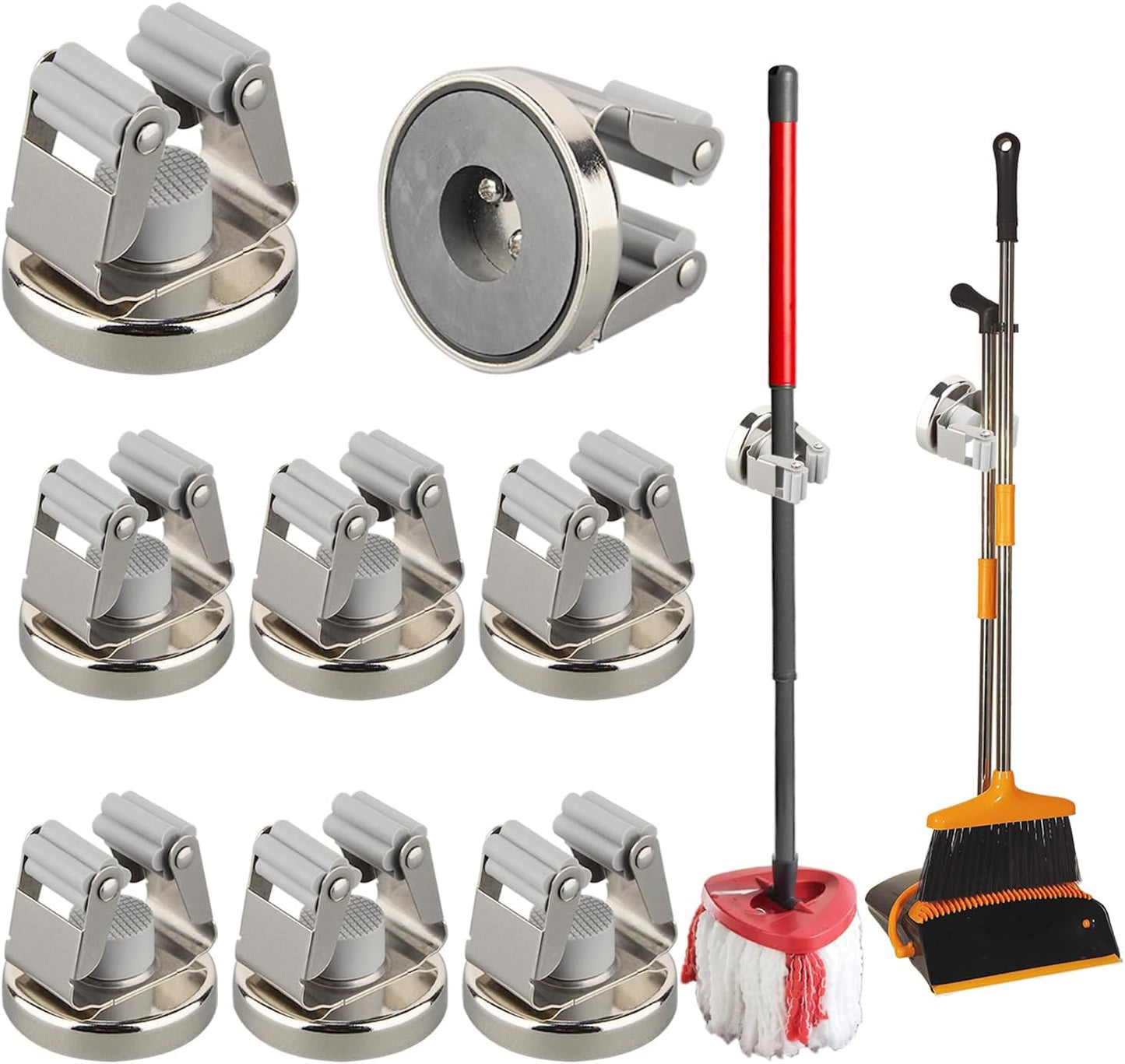 MUTUACTOR Magnetic Broom Holders,8pcs Anti-broken Heavy Duty Magnetic Clips Wall Mount,No Drilling Magnetic Hooks Broom Mop Brackets for Work Cargo Garage Laundry Van Accessories