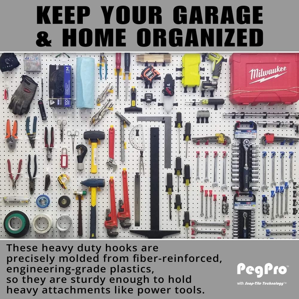 PegPro® J Hooks Kit for Standard “Wood Fiber” pegboard – Durable Plastic Pegboard Hooks - for Garage, Kitchen, Craft Room, and More (J Hook - 24 Pack, Gray)