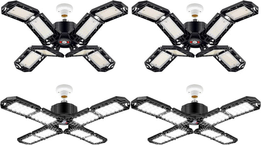 4 Pack LED Garage Light, Super Bright Screw in E26/E27 Ceiling Shop Work Lamp, 200W 20000 Lumen Deformable Basement Bulb Fixture with 8 Adjustable Panels