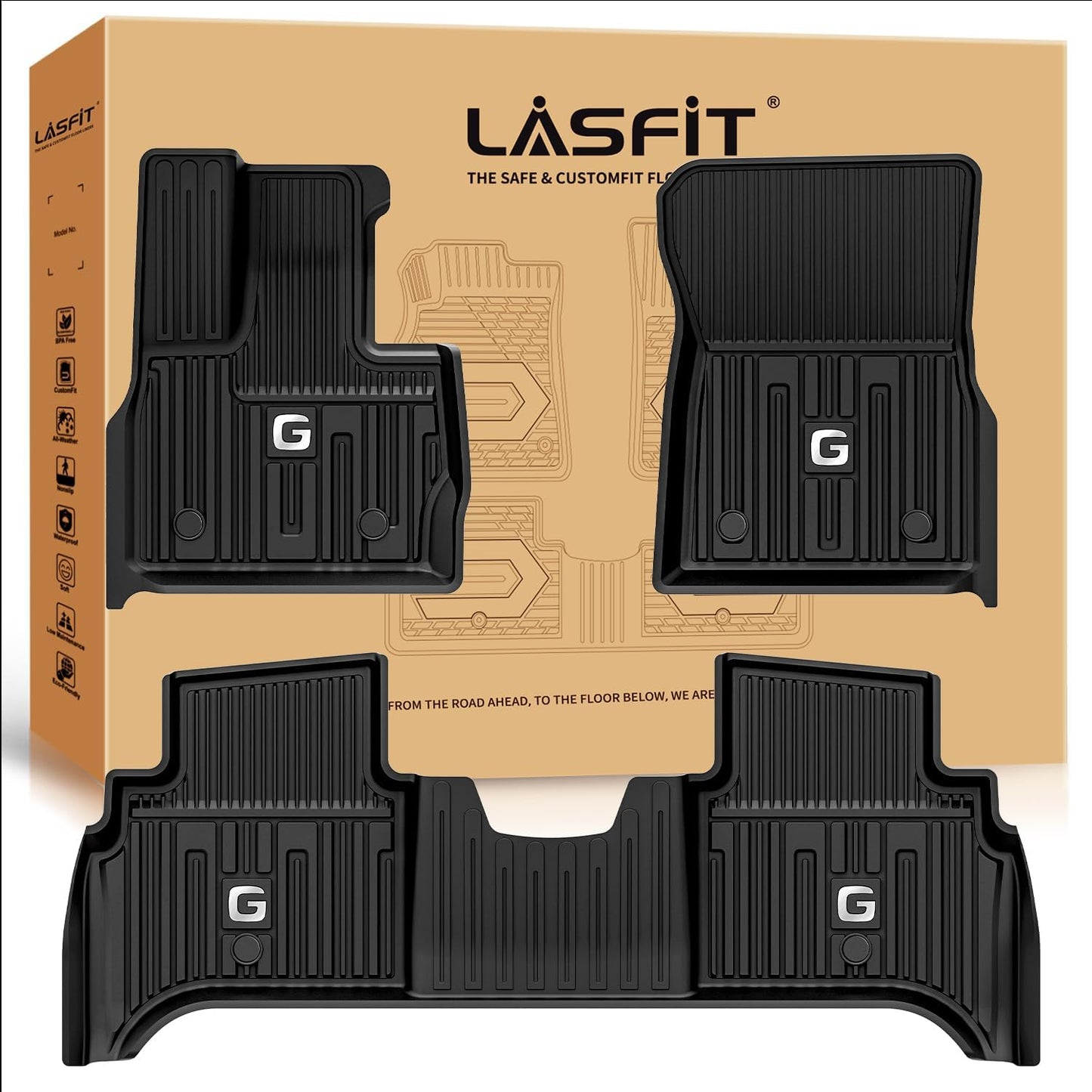 LASFIT Floor Mats for Mercedes Benz G Class 2026 2025 2024 2023 2022-2019 G550 / G580 / G63 AMG, All Weather TPE Custom Fit Car Mats for Benz G Class Floor Liners 2019-2026, 1st & 2nd Row Set, Black