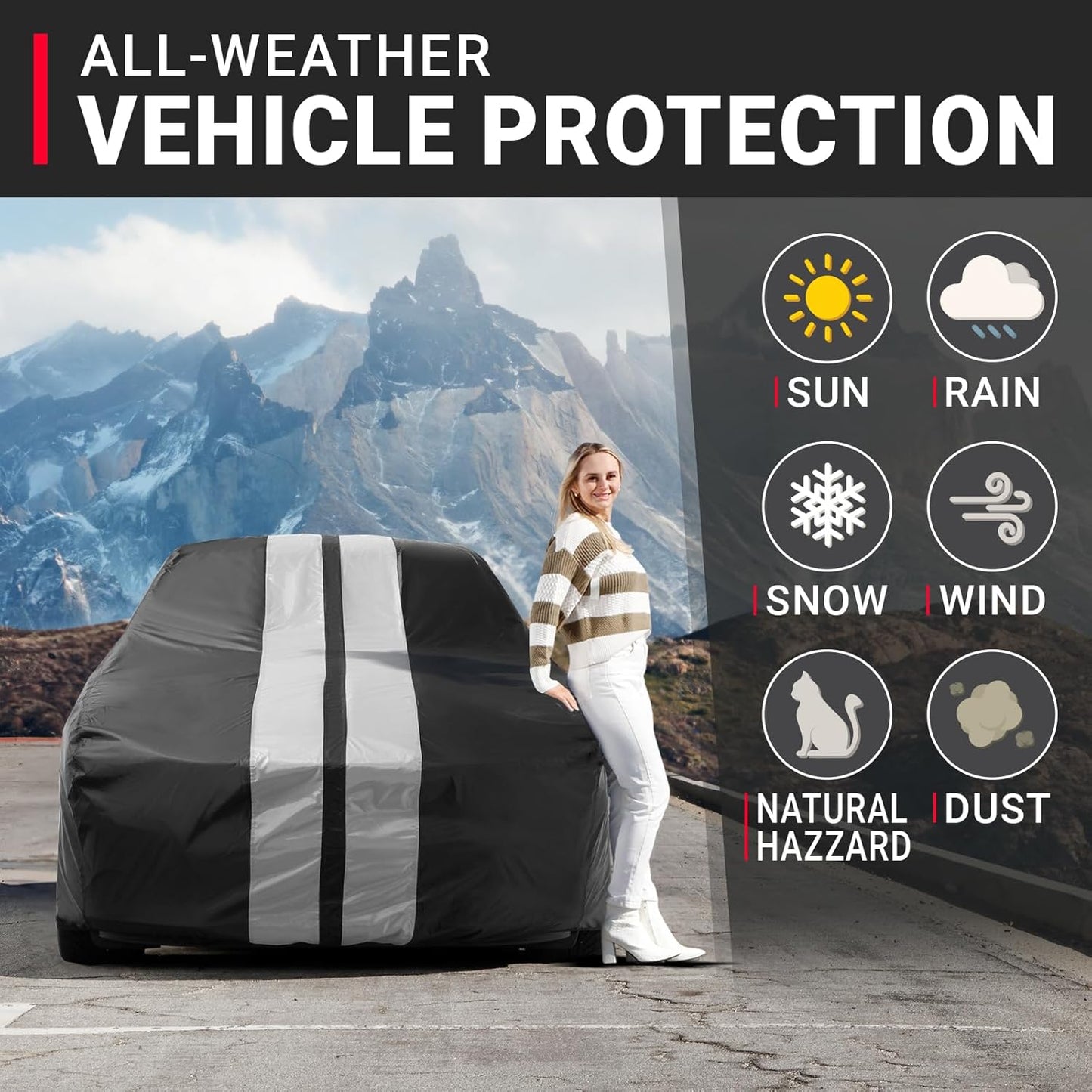 iCarCover Custom Car Cover for Pontiac Grand Prix (1962-1972) Waterproof All-Weather Rain Snow UV Sun Protector Full Exterior Indoor Outdoor Car Cover (Stripe - Black/Gray)