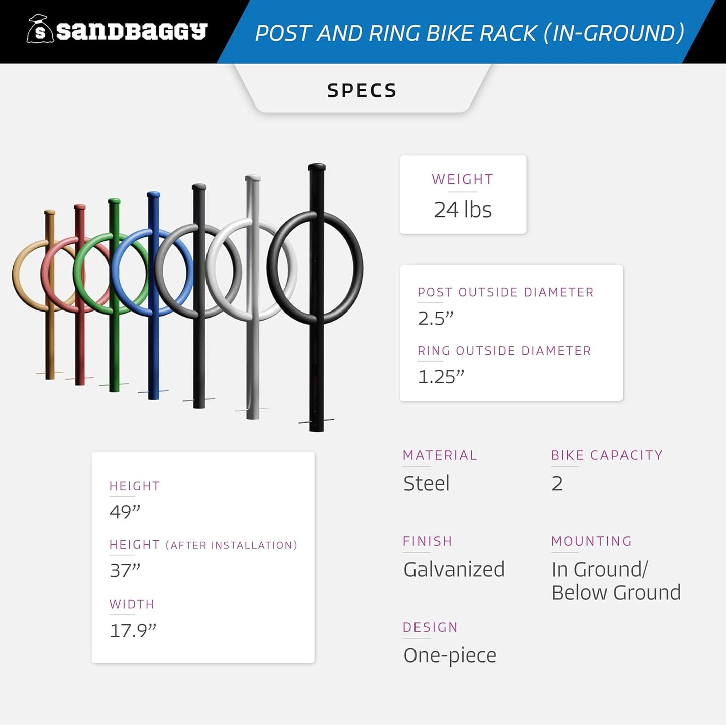 Sandbaggy Post and Ring Rack - In Ground - Commercial Outdoor Bike Parking & Storage Racks (Gray, 10)