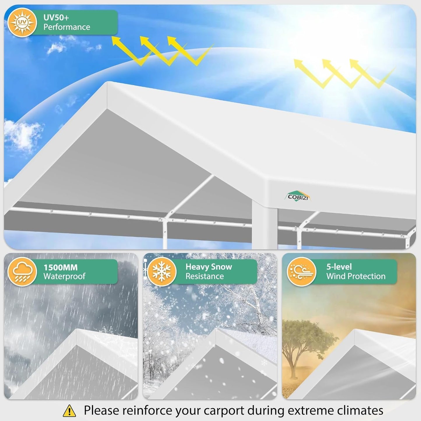 COBIZI Carport 12x20ft Heavy Duty Portable Garage, 2.0 Powder Coated Frame(Better Than Galvanized), Waterproof Shelter with Built-in Sandbags, for Car/Boat/SUV, White