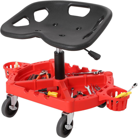 Garage Stool, 18”-23” Adjustable Rolling Mechanic Stool with Universal Wheels, Removable Magnetic Tool Tray, 300LBS Capacity, Roller Creeper Seat, Shop Chair