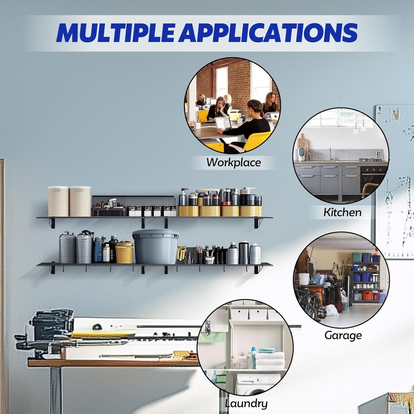 2-Pack Garage Wall Shelving, 2x6 FT Garage Shelving Wall Mounted, Heavy Duty Metal Shelves with 8 Bike Hooks, 1200lbs Load Capacity Floating Shelves, 24-inch-by-72-inch Wire Shelving Wall Mounted