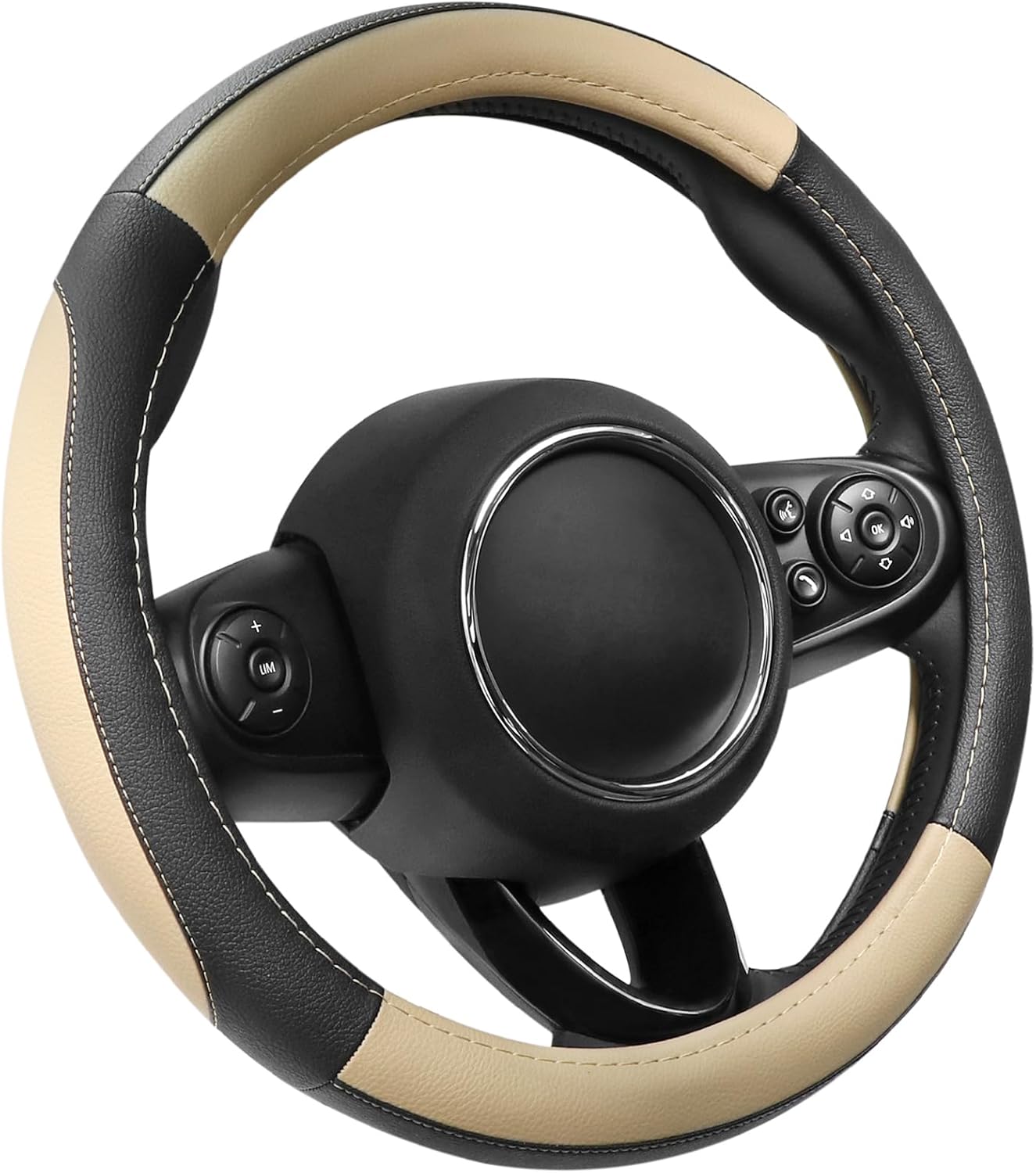 SEG Direct Car Steering Wheel Cover for Prius Civic Model 3 Model Y Camaro, Small Size 14-14.25 inch, Black and Beige Microfiber Leather