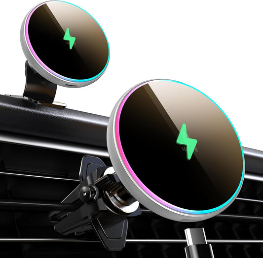 MOKPR for Magsafe Car Mount Charger-15W Wireless Car Charger-Magnetic Car Phone Holder for Dash Air Vent-LED RGB HandsFree Car Mount Fast Car Charger for iPhone 15/14/13/12 Series Silver