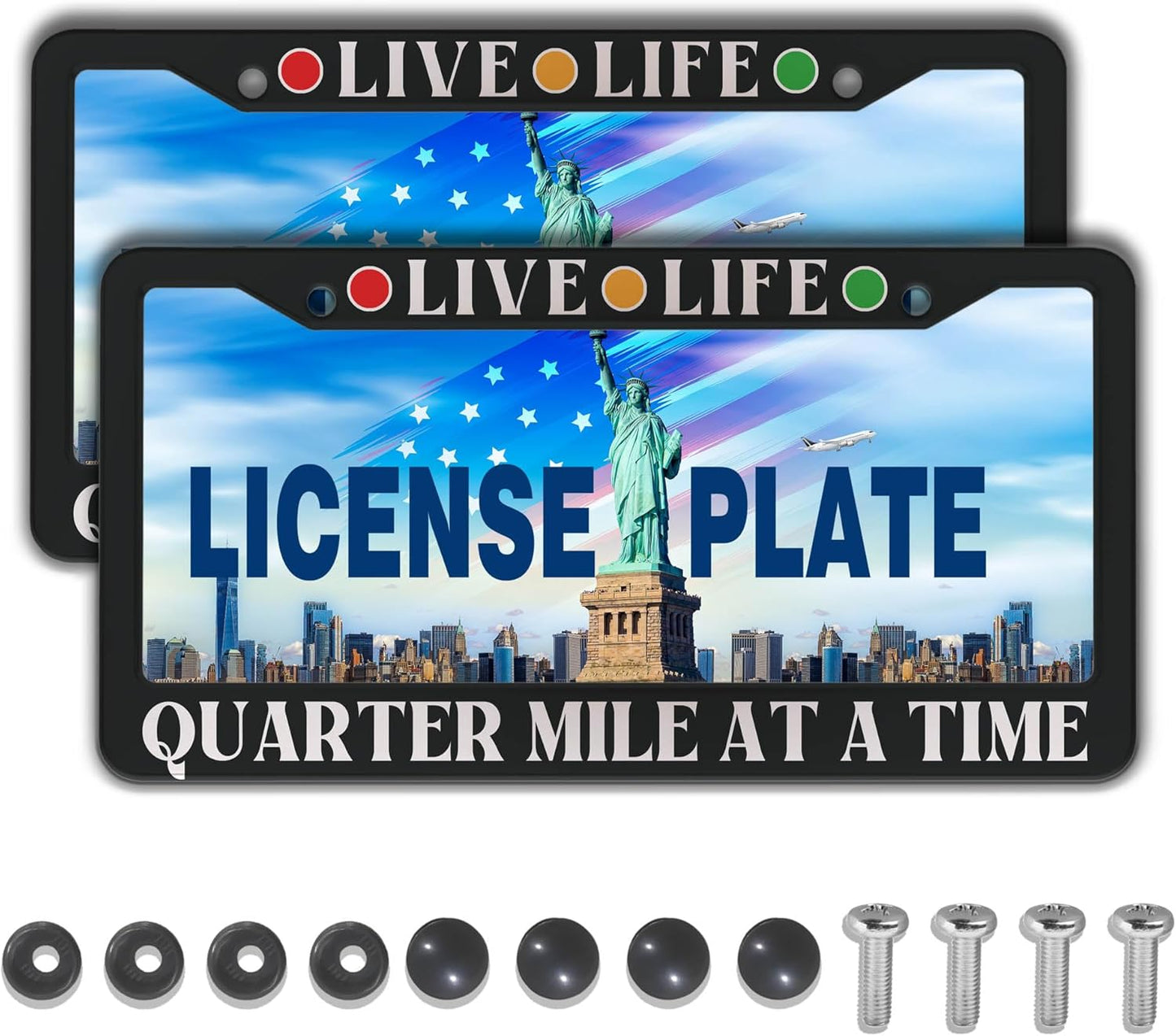 License Plate Frames Black and White Fun License Plate Frame Cover Live Life, Quarter Mile at a Time Universal Aluminum Car Accessory 2 Pack with Screw Covers Set
