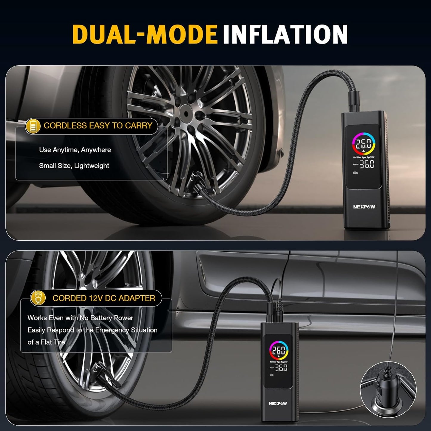 NEXPOW 150 PSI Tire Inflator Portable Air Compressor, 12000mAh Battery Auto Shut-Off Air Pump for Car Tires, Fast Inflation Dual LCD Display Tire Pump, Pocket Air Pump for Bike, Motorcycle, Ball, Car