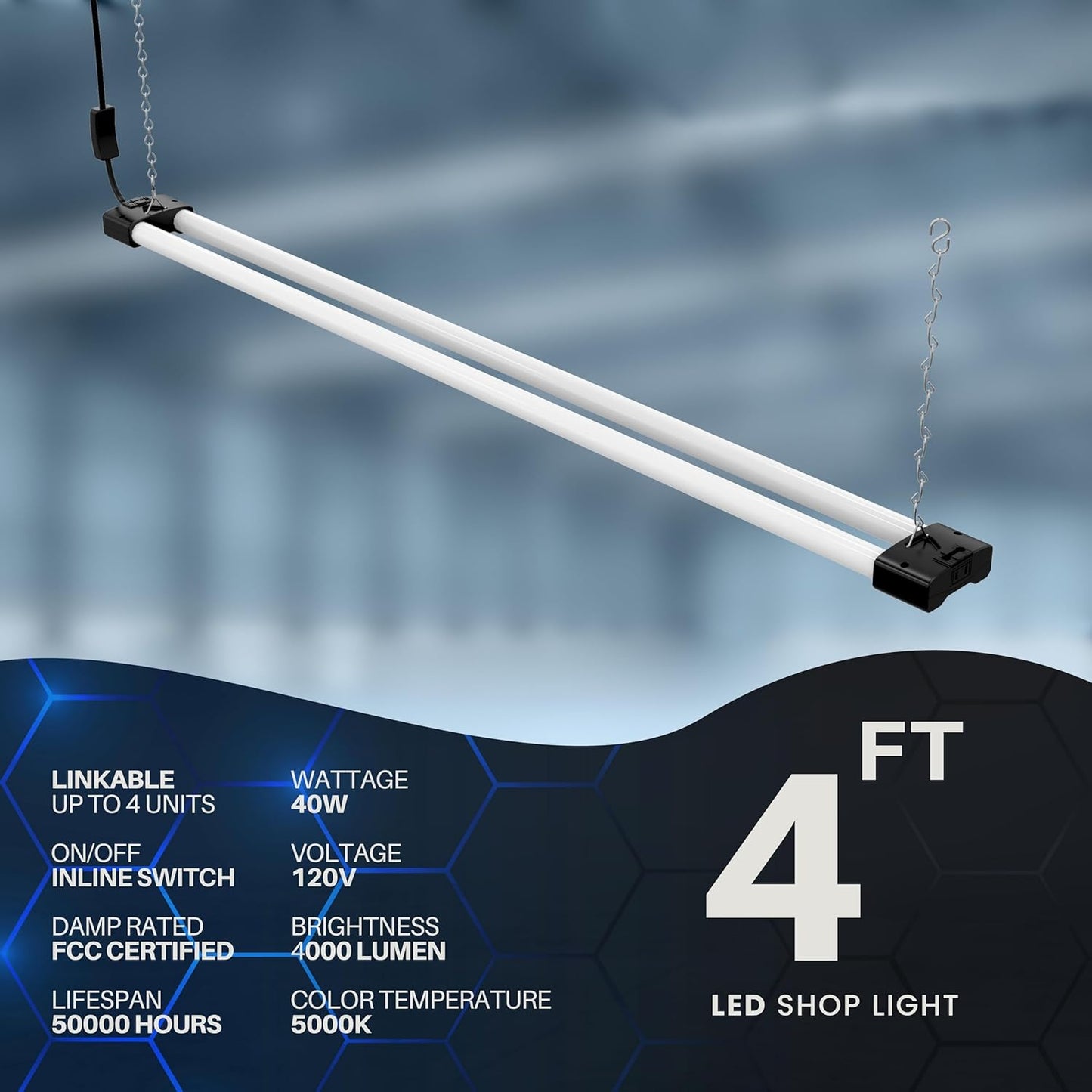 DYMOND 4 FT 40W LED Shop Light Fixture with Inline Switch, Hanging or Flush Mount, Bright Daylight 5000K for Garage Workshop Basement