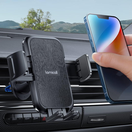Lamicall 2025 Wider Clamp & Metal Hook Car Phone Holder Vent [Thick Cases Friendly] Phone Holders for Your Car Mount Automobile Hands Free Cradle Air Vent for Smartphone (Wood Grain)