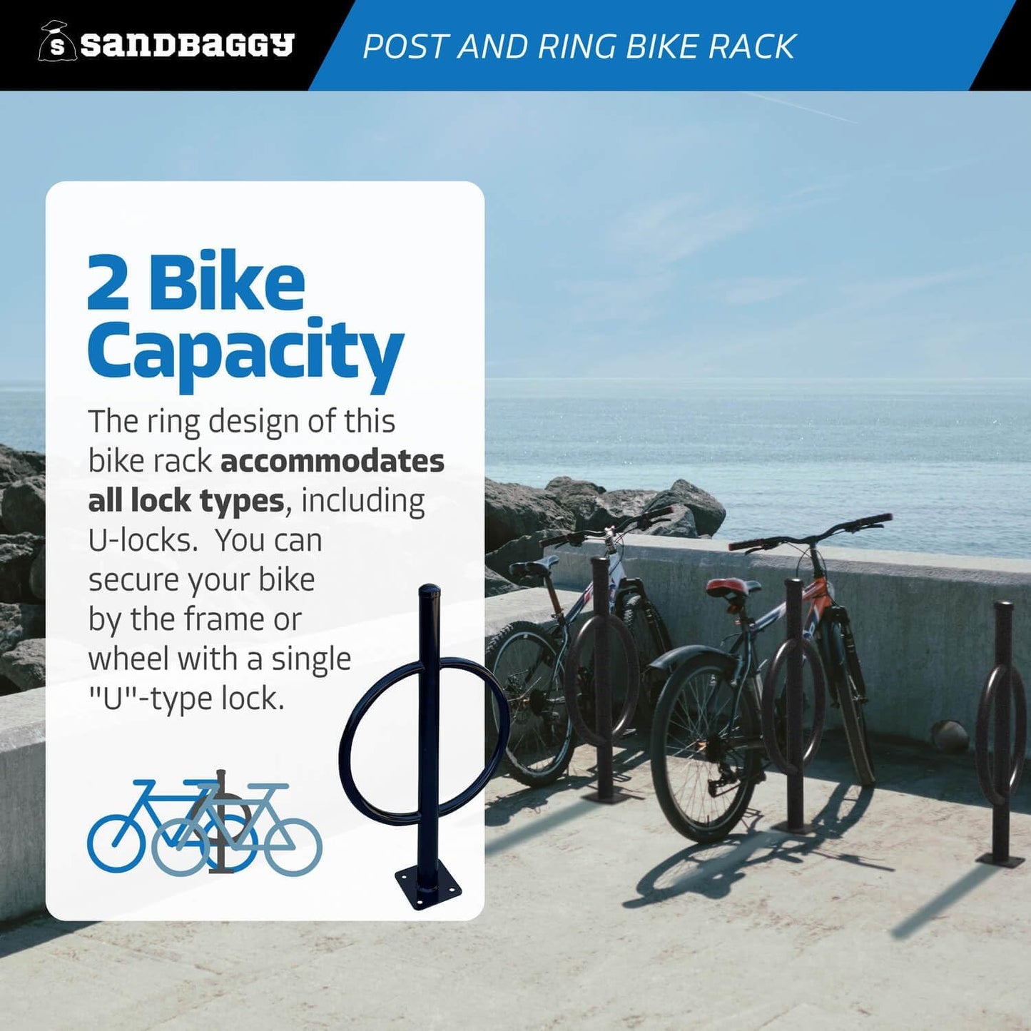 Sandbaggy Post and Ring Bike Rack - Commercial Bike Racks - Galvanized Steel - Anti-Theft Design - In Ground, Apartments, Sidewalks, Industrial (Gray, 10)