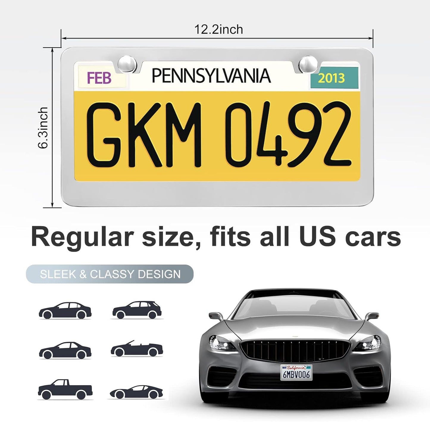 2 Pack License Plate Frames, Stainless Steel Car License Plate Cover Car Accessories with Screw Caps (Silver)