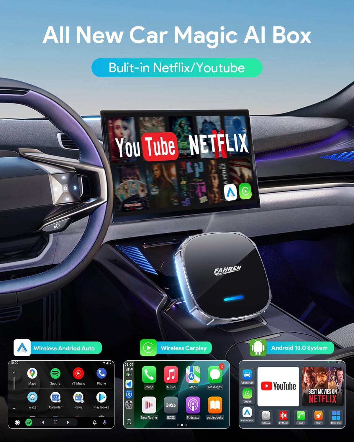 FAHREN Wireless CarPlay Adapter for iPhone& Android Auto, Support Netflix/YouTube, Mini Android Auto Wireless Adapter, Plug & Play,Only Fit with The 2018+ Cars with OEM Wired CarPlay