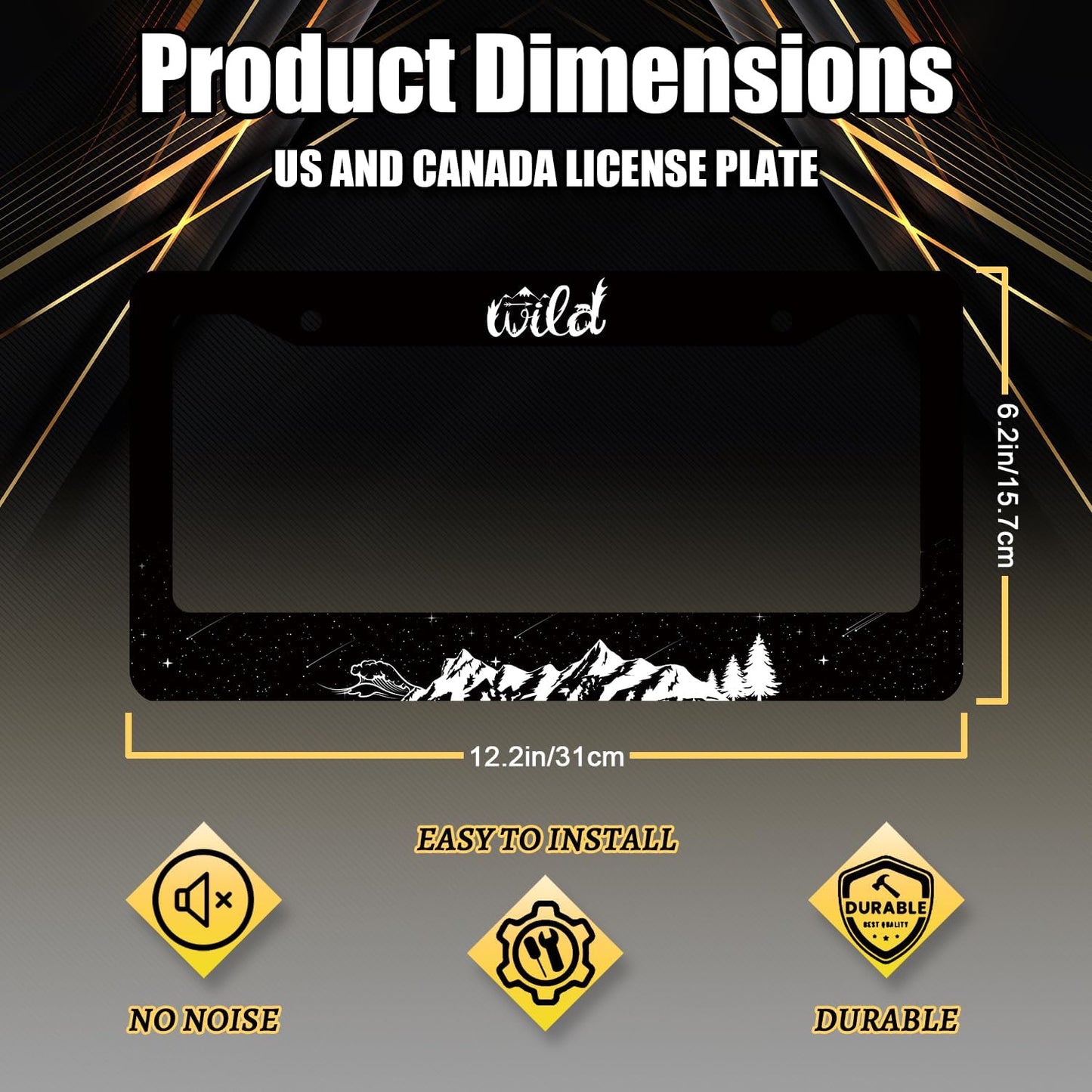 Mountains License Plate Frame Ocean Waves Forest Starry Sky License Plate Stainless Steel Mountain Car Accessory Funny License Plate Decoration Men Women Size 12.2" x 6.2" with Screw