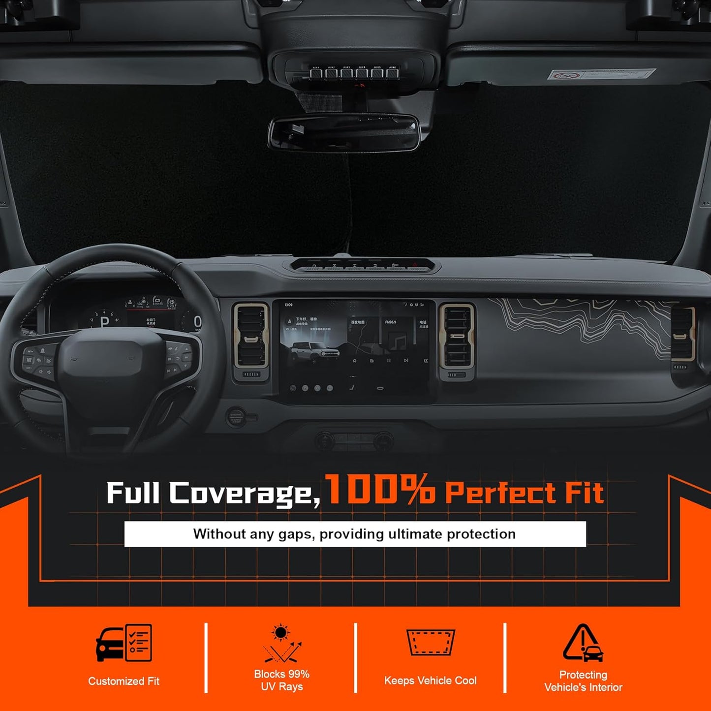 Custom Fit Windshield Sun Shade for Ford Bronco Sport 2021-2025 - Full Coverage, 210T Reflective Fabric, Double-Layer Design - Blocks 99% UV Rays, Keeps Car Cool, Easy to Install and Store