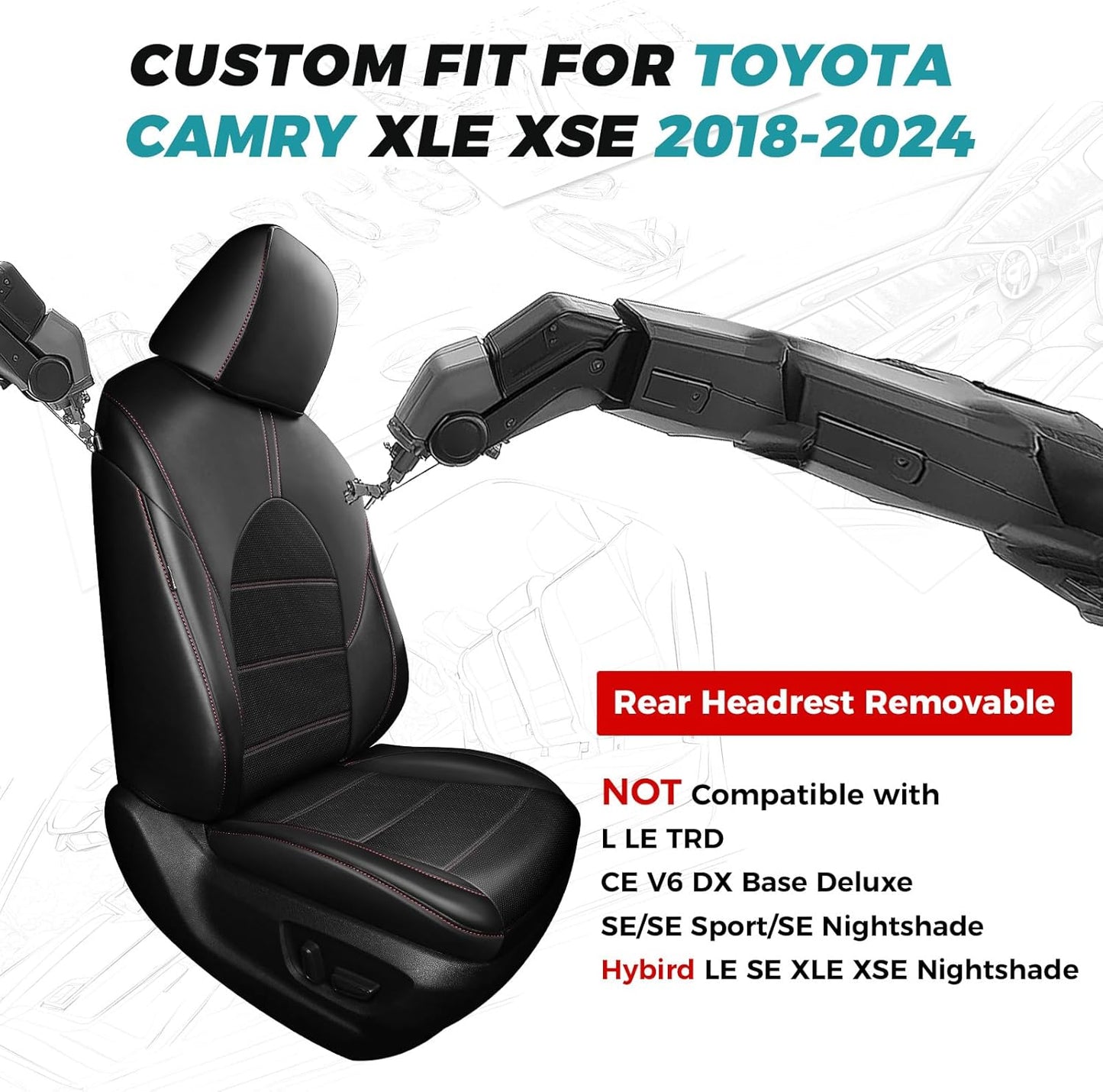 for Toyota Camry Seat Covers XLE XSE V6 2018 2019 2020 2021 2022 2023 2024 - Waterproof Breathable Leather Seat Covers for Cars, Custom Fit Car Seat Covers Full Set, Black Red Not for Hybrid