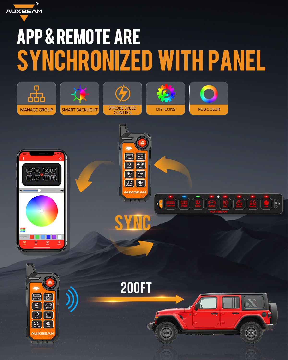 Auxbeam 8 Gang Slim Switch Panel Bluetooth RGB AS-800 with APP&Remote Control Toggle Momentary Pulsed 80A Switch Pod Off Backlight for 12-24V Truck Offroad UTV ATV Car Marine, 2 Years Warranty