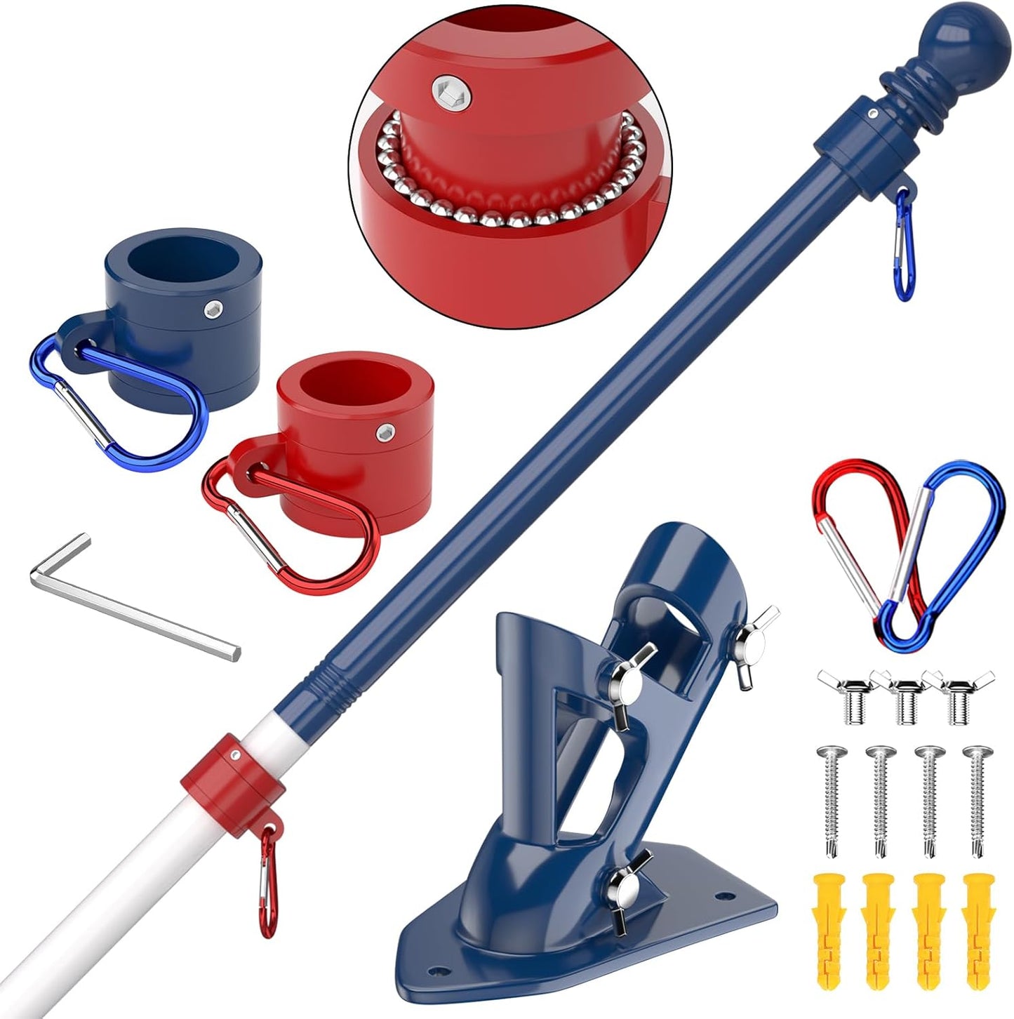 ZMTECH Flag Pole - Upgraded Bracket, 6 FT Stainless Steel Flag Poles for Outside House, Residential or Commerical, Tangle Free Flag Pole Kit for American Flag (Without Flag, Blue&White&Red)