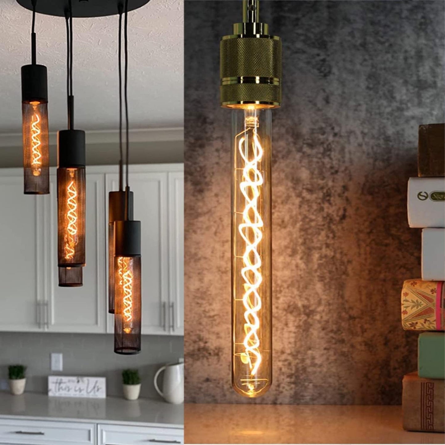 Vintage LED Spiral Filament Bulb T10, 8.9inch Long Tubular Dimmable Edison Light Bulbs,E26 Base,Amber Glass,Warm White,2200K, 400LM(40W Equivalent), Pack of 4