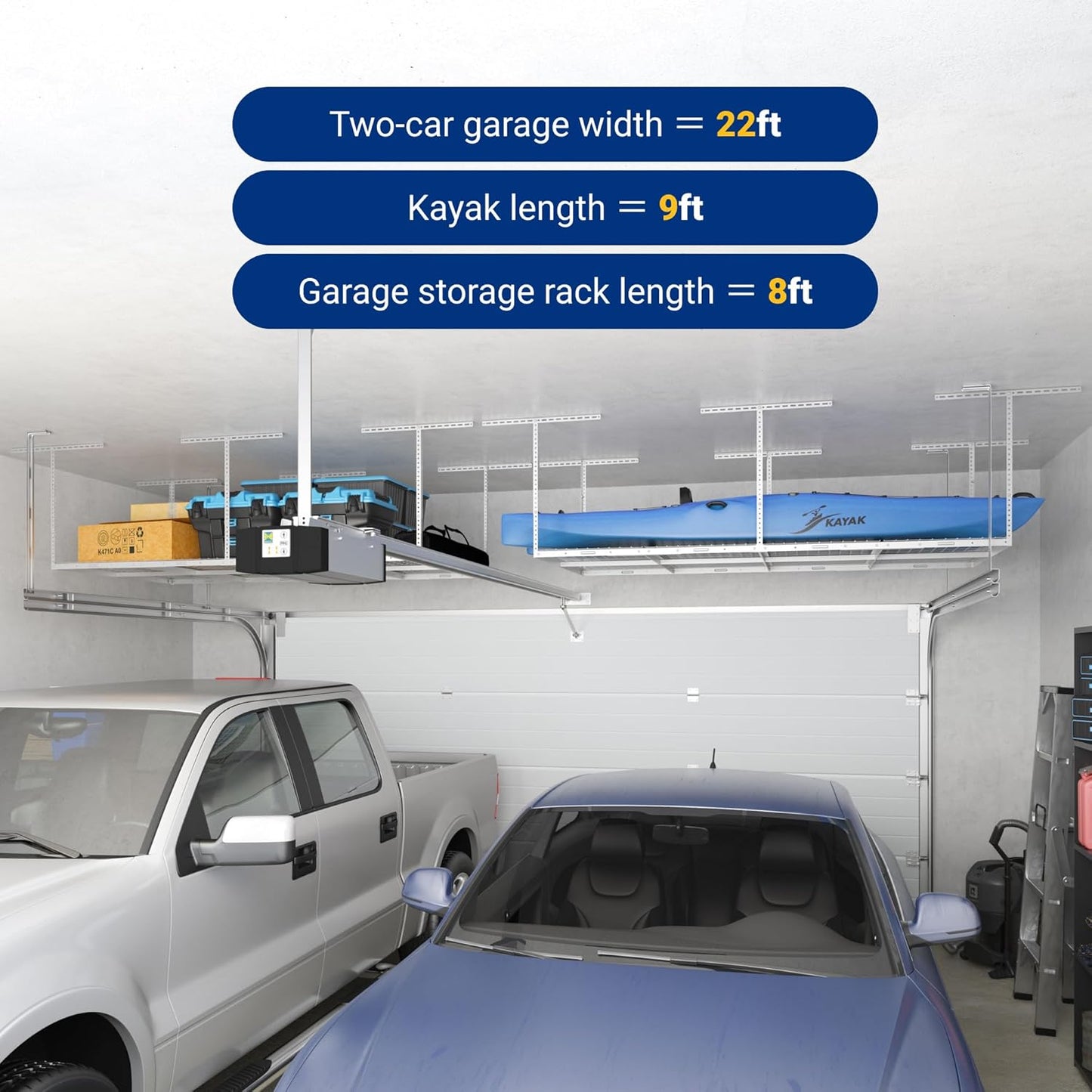 FLEXIMOUNTS 4x8 Overhead Garage Storage Rack, Adjustable Organization System, Heavy-Duty Metal Ceiling Racks, 600lbs Weight Capacity, White