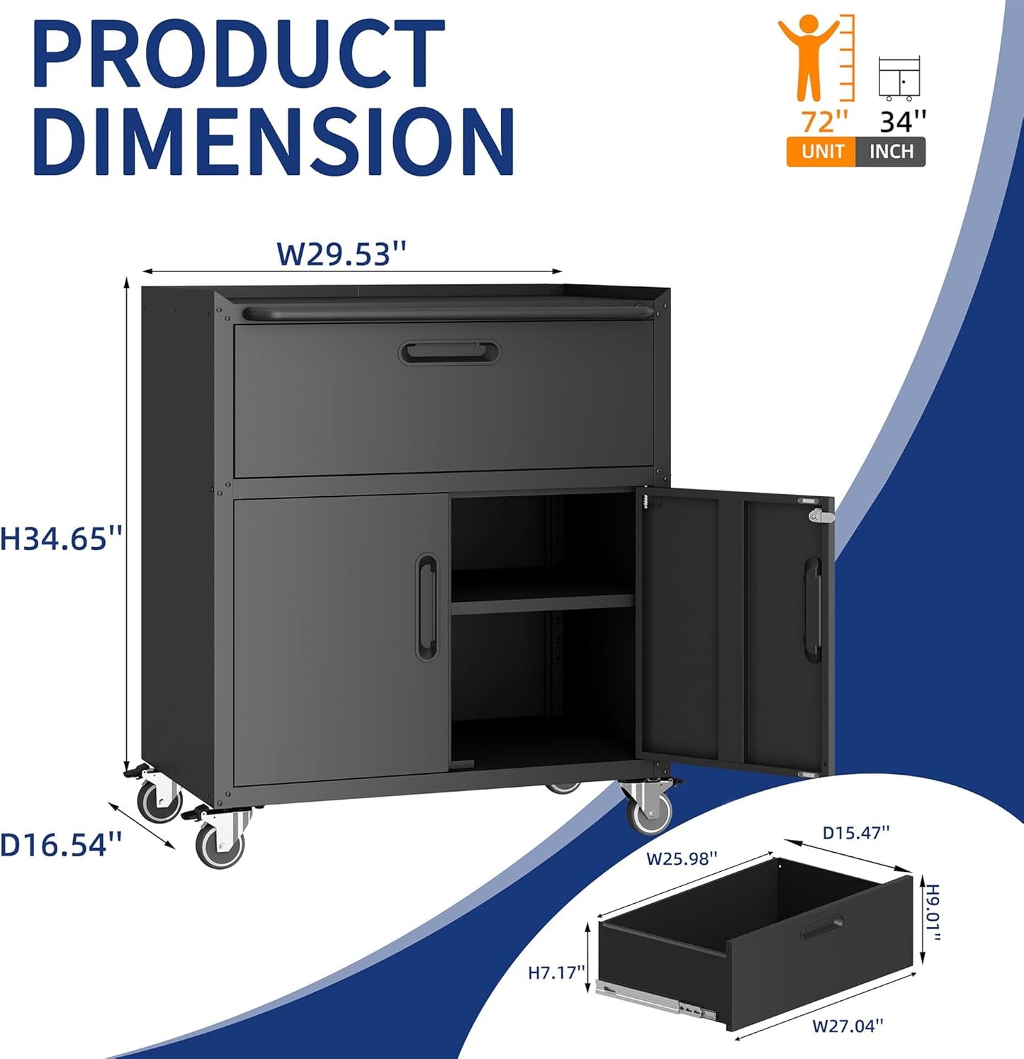Metal Garage Storage Cabinet with Wheels,Locking Rolling Tool Cabinet with Drawers and Shelves for Home, Office, Garage & Workshop