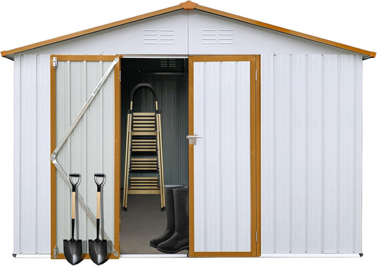 12 x 10 FT Metal Garden Shed, Outdoor Storage Shed with Heavy-Duty Steel Construction, Built-in Punched Vents & Hinged Door, Free Padlock for Secure Backyard, Patio & Garage Storage, White + Yellow