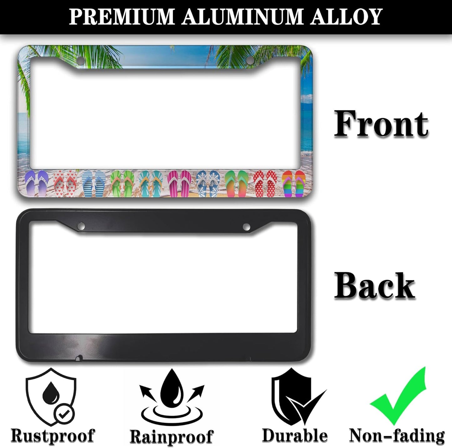 License Plate Frames Multicolor Car License Plate Frame Hawaii Beach Flip Flops Aluminum Metal Car Accessory 2 Pack with Screw Covers Set