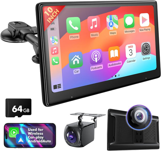 10" Touch Screen for Car, Used for Wireless Apple Carplay Android Auto MirrorLink, Portable Car Stereo with Bluetooth 2K Front Dashcam, 1080P Rear Dashcam Backup Camera