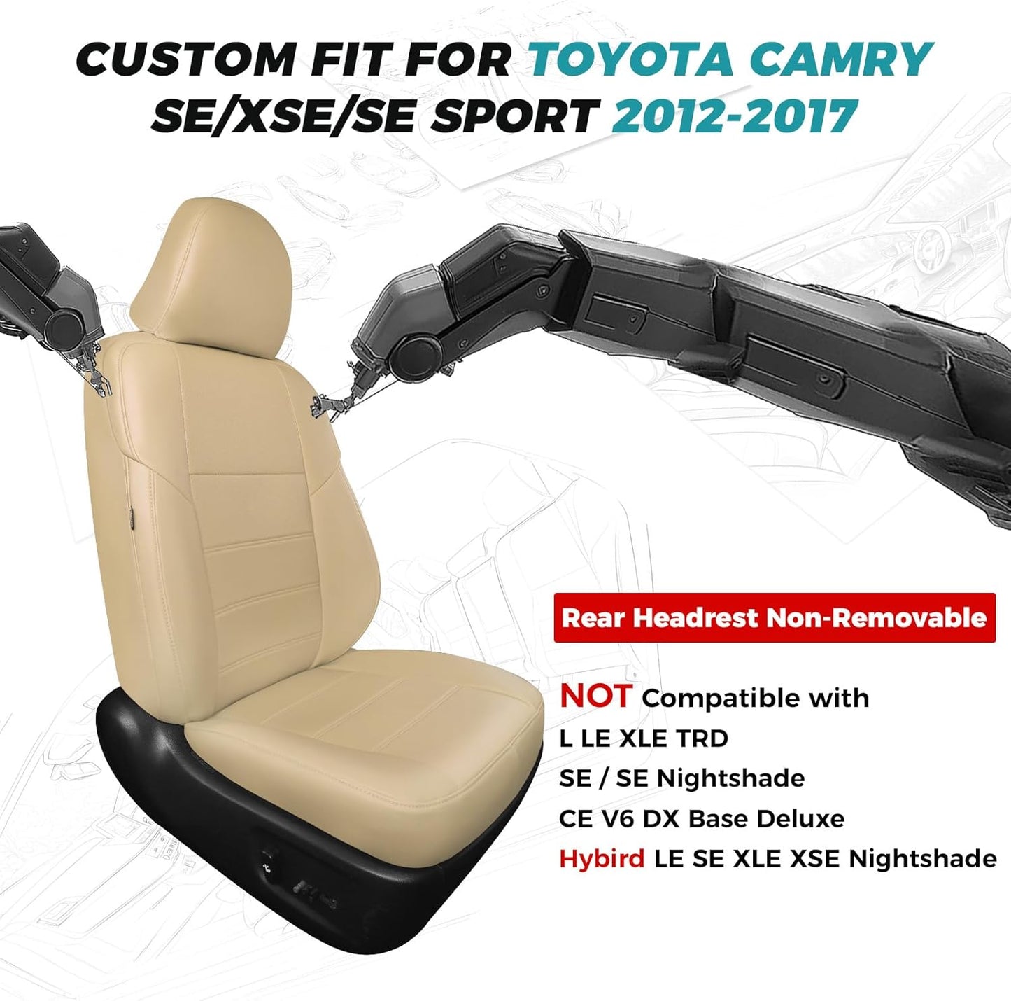 for Toyota Camry Seat Covers SE XSE SE Sport 2012 2013 2014 2015 2016 2017 - Custom Fit Car Seat Covers Full Set, Waterproof Breathable Leather Seat Covers for Cars, Beige Not for Hybrid