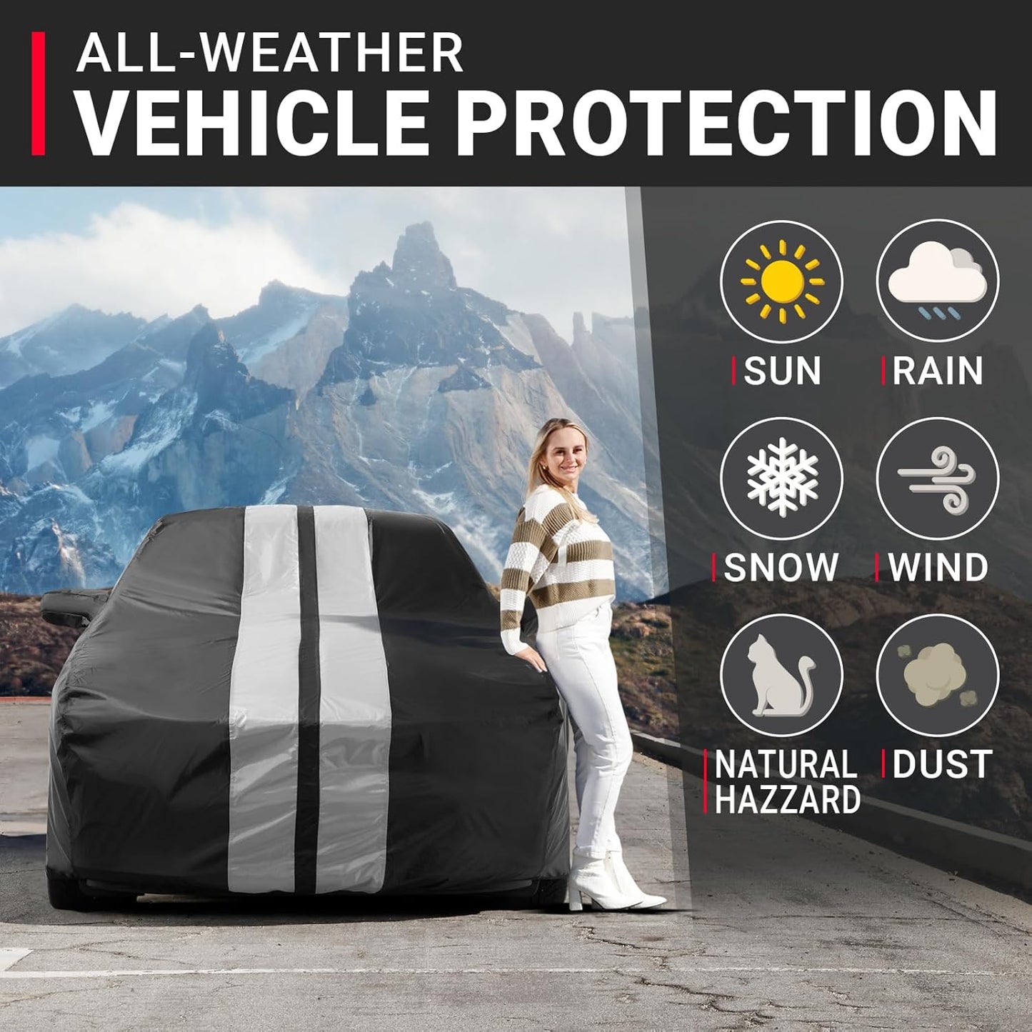 iCarCover Custom Car Cover for Pontiac Sunfire 2-Door, 4-Door (2003-2005) Waterproof All-Weather Rain Snow UV Sun Protector Full Exterior Indoor Outdoor Car Cover (Stripe - Black/Gray)