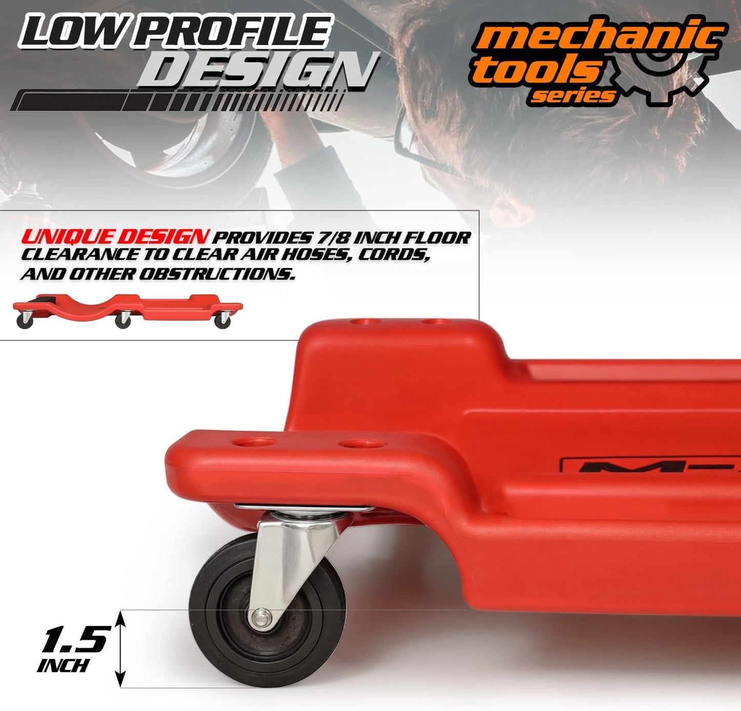 M-AUTO Plastic Rolling Garage Creeper with Padded Headrest 36" Light Weight Automotive Creeper Mechanic Cart with Dual Tool Trays and Noiseless Casters, Red