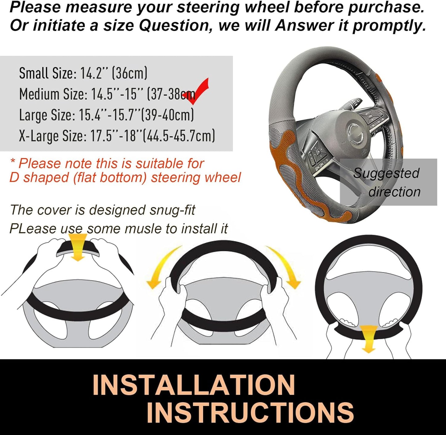 PINCTROT D Shaped Comfy Grip Steering Wheel Cover, Anti-Slip Design, Flat Bottom 14.5-15 Inch(Silicone Brown)