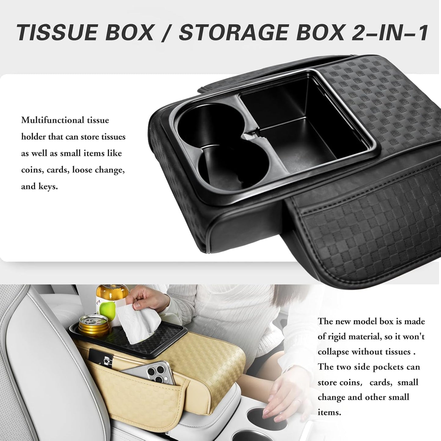 Car Center Console Cover, Armrest Cover for Storing Water Cups, Tissues, Cards, and Phones, 4-in-1 Center Cover with Soft Leather and High Resilience Memory Foam (Light Beige)