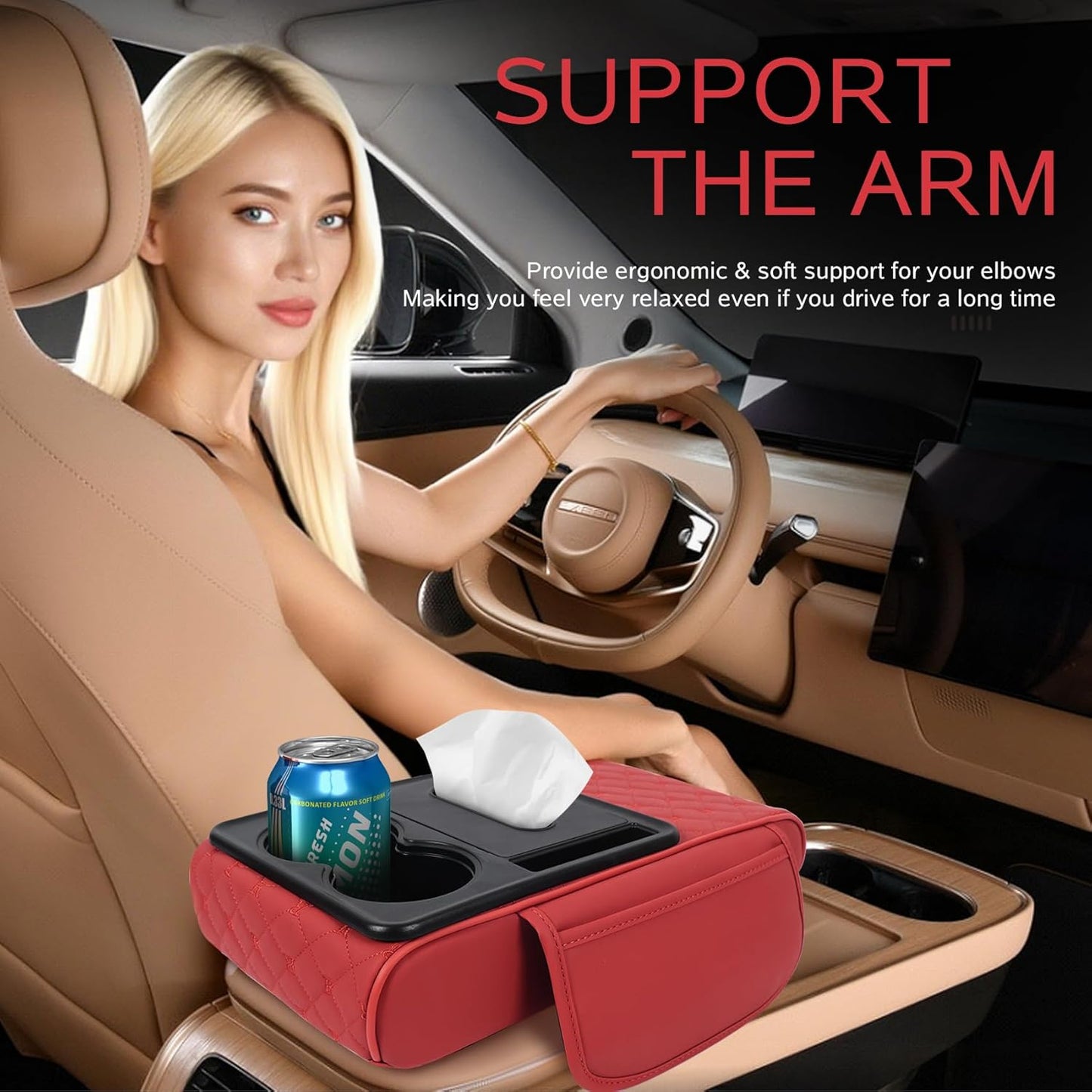 5 in 1 Car Armrest Storage Box for Center Console, Armrest Cushion Cover for Car with 2 Cup Holders Storage Bags, Tissue Box, Phone Slot, Premium Memory Foam with Nappa Leather, 14.2*7.9*2.8in (Gray)