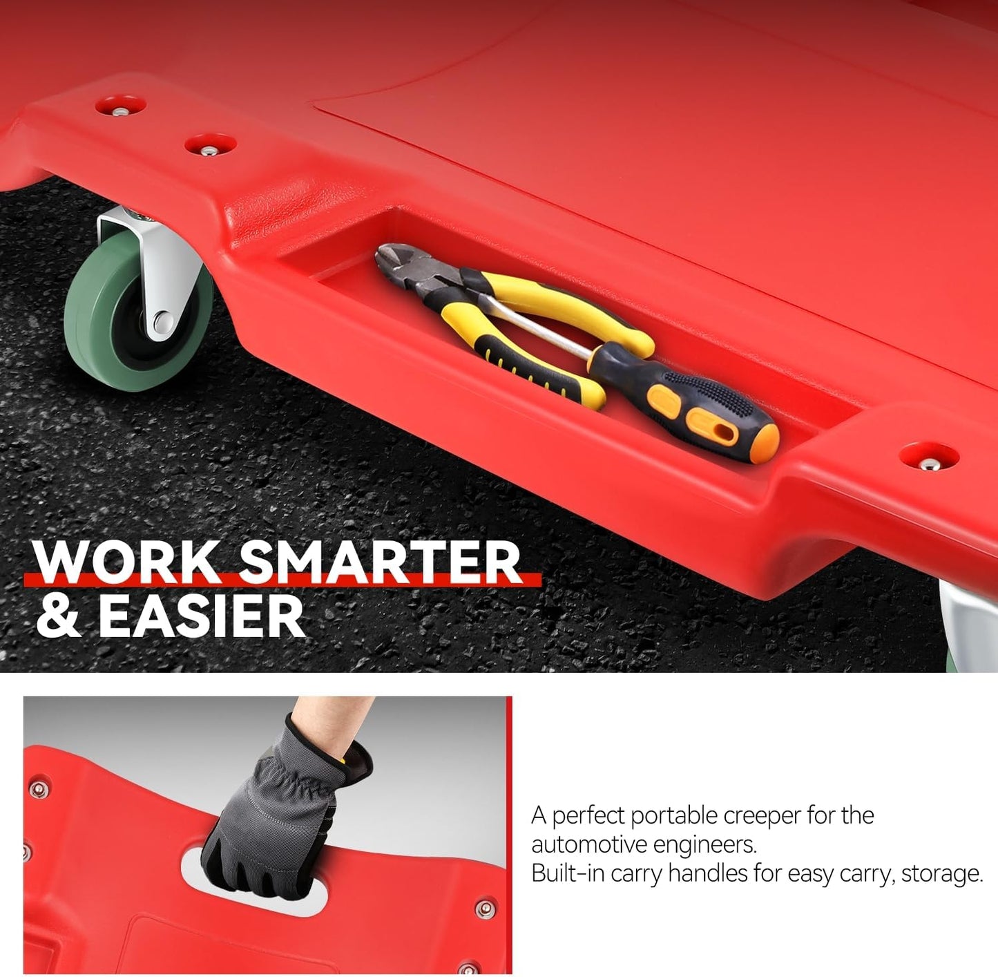 Auto Dynasty 40 Inches Mechanic Creeper, Automotive Garage Repair Low Profile Under Car Rolling Creeper with Padded Headrest, Plastic, Red