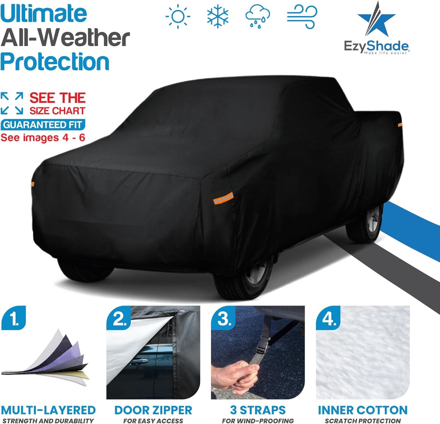 EzyShade 10-Layer Truck Cover Waterproof All Weather. See Vehicle Size-Chart for Accurate Fit. Outdoor Pickup Truck Covers - Ford F150 Colorado RAM. Sun Snow Rain. Black, Size T3 (See SizeChart)