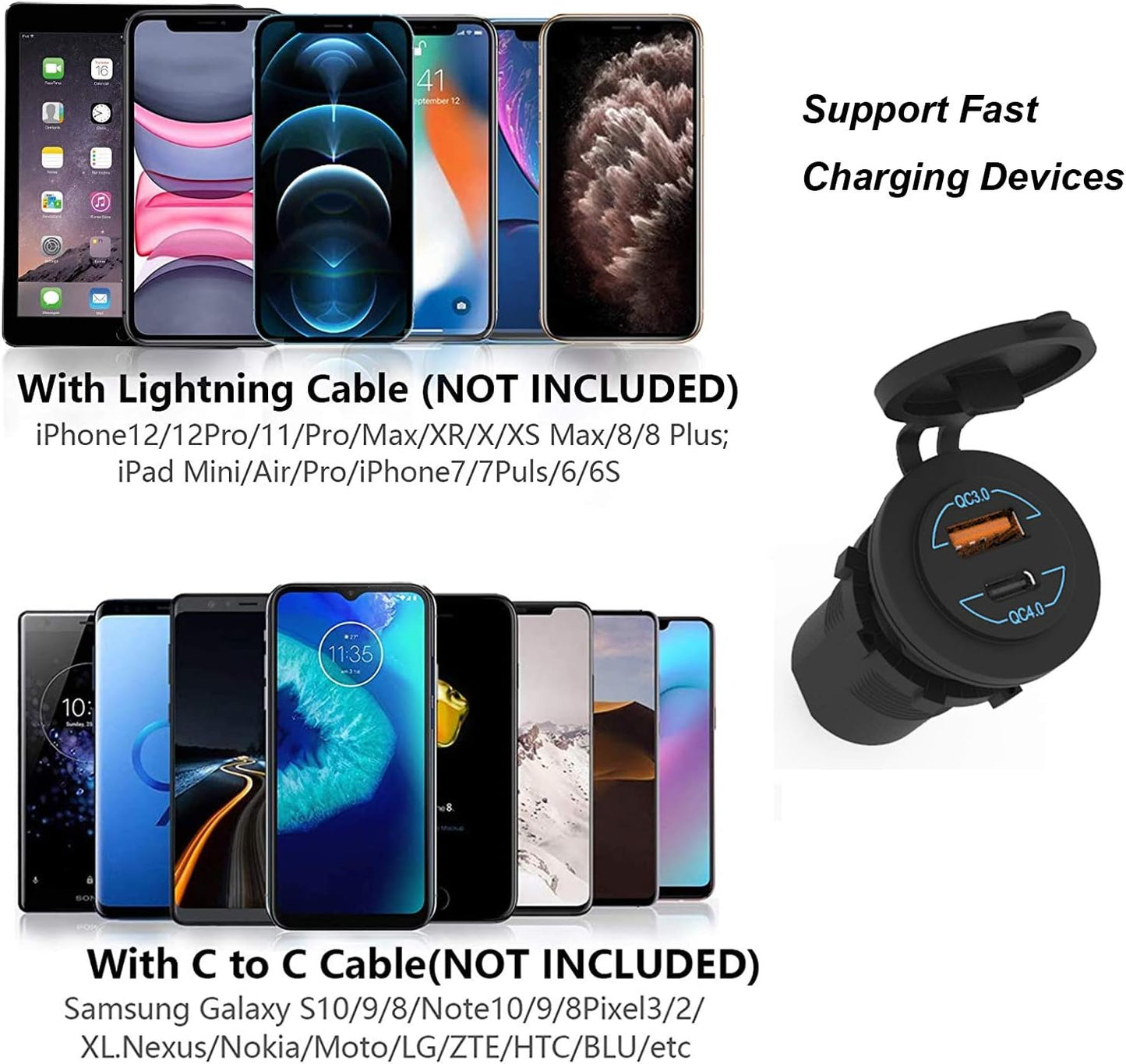 12V USB Outlet - 90W(Max) Dual Ports QC4.0 PD & Quick Charge3.0 Car Charger Socket with LED Indicator - Waterproof USB C Port for Car Boat Marine Motorcycle RV Truck ATV Golf Cart